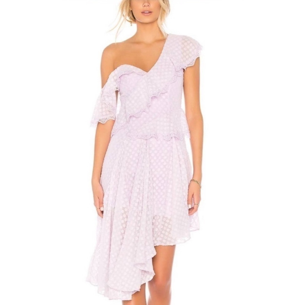 Bardot Lilac Asymmetrical Lace Ruffled One-Shoulder Dress with Polka Dots